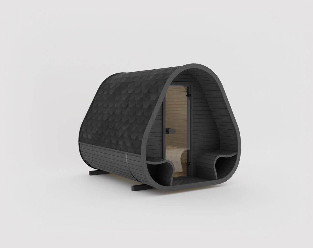 Herkus Grand Triangular Outdoor Sauna in Ebony finish with black shingle roof, isolated on a white background.