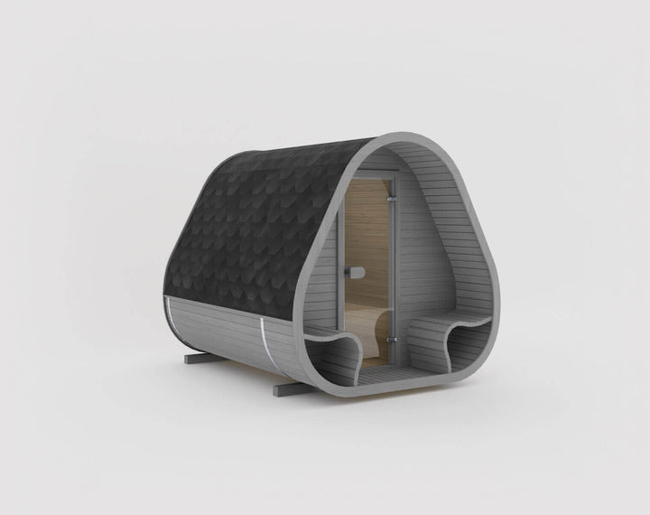 Herkus Grand Triangular Outdoor Sauna in Grey finish with black shingle roof, isolated on a lwhite background.