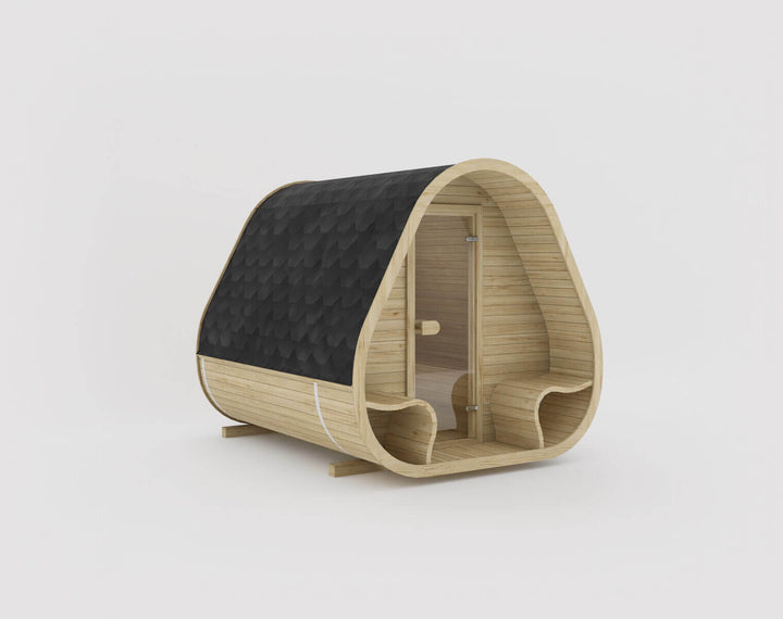 Herkus Grand Triangular Outdoor Sauna in Hazel finish with black shingle roof, isolated on a white background.