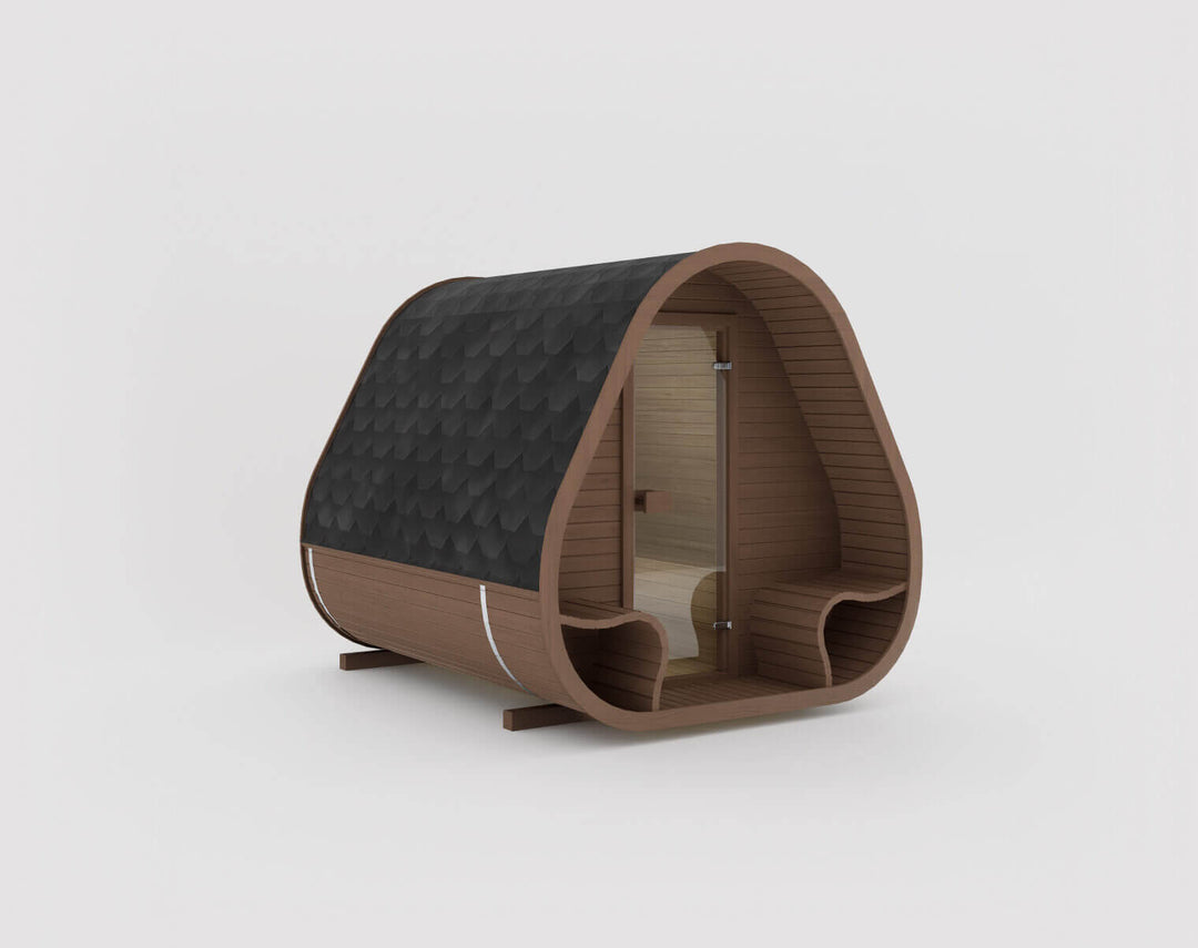 Herkus Grand Triangular Outdoor Sauna in Teak finish with black shingle roof, isolated on a white background.