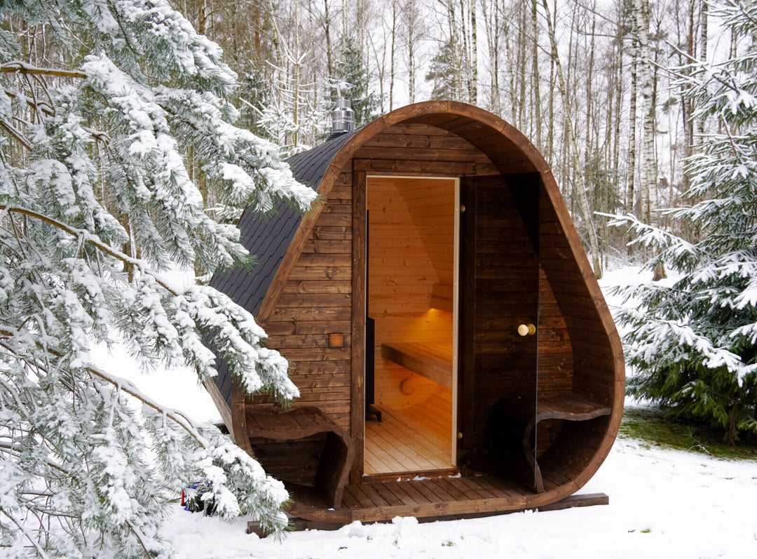 Herkus Grand Triangular Outdoor Sauna with curved triangular barrel design and open glass door, installed in a snowy forest setting with pine trees.