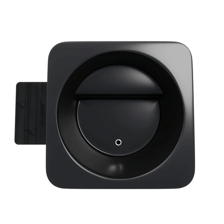 Top-down view of black square cold plunge tub with built-in seating on a white background.