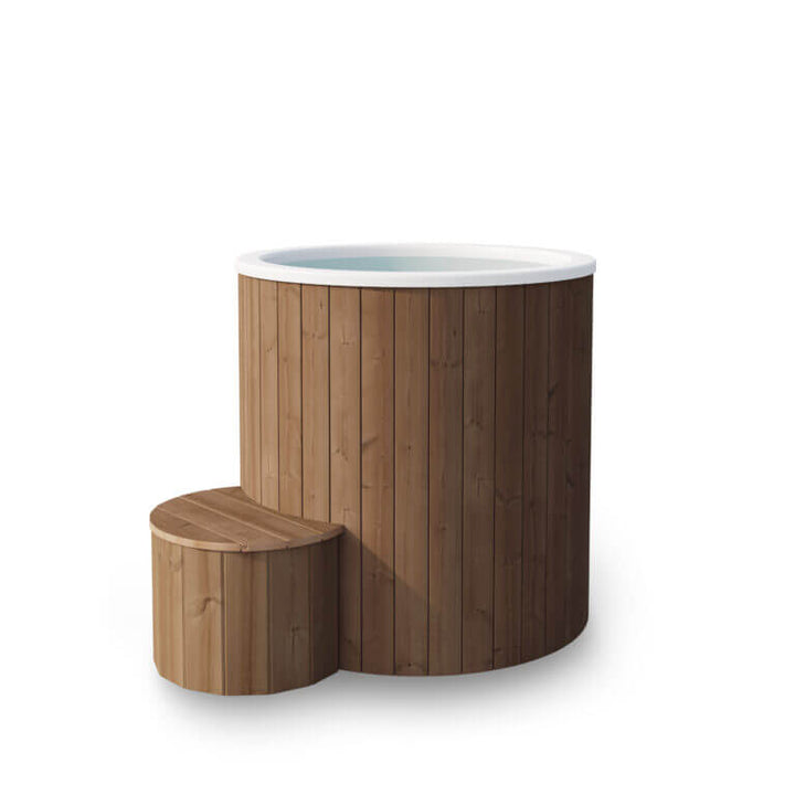 Wooden cold tub with white interior and semi-circular step on a white background.