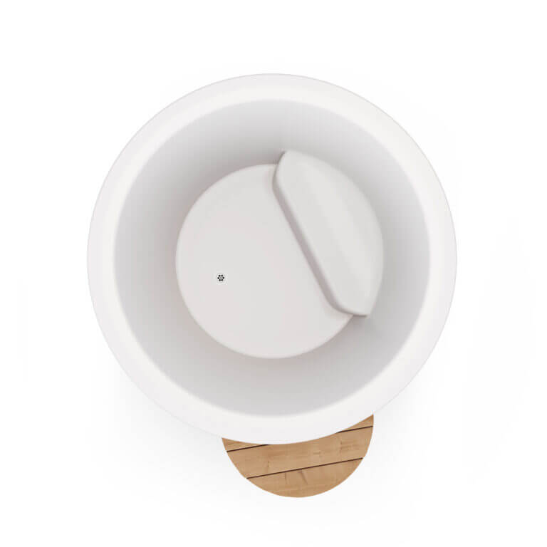 Top-down view of white interior cold tub showing internal bench and drain, with visible wooden step at the bottom, on a white background.