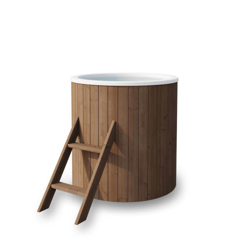 Brown wooden cold tub with white interior and an angled wooden ladder, placed on a white background.