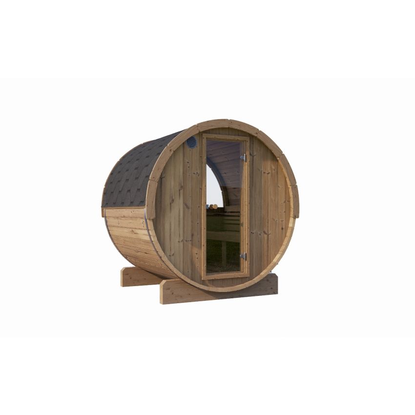InMedias Ergo 150 Sauna exterior with wood door on a white background.