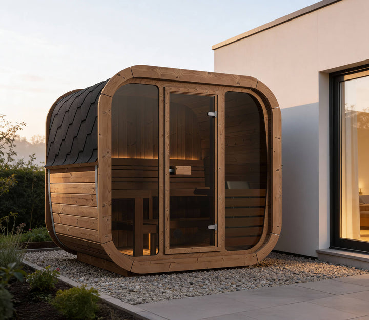 InMedias Icon 160 Outdoor Sauna full exterior view with rounded frame and glass door on a white background.