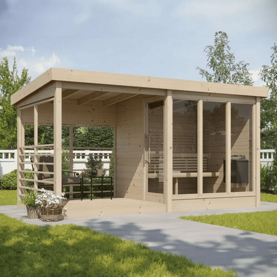 InMedias Anita Log Sauna in natural wood finish in a garden setting.