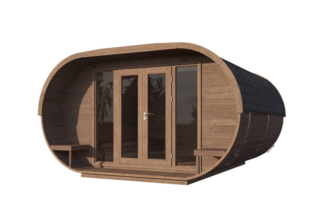 Angled front view of InMedias Camping Oval 400 showcasing curved eaves and full double doors, on a white background.