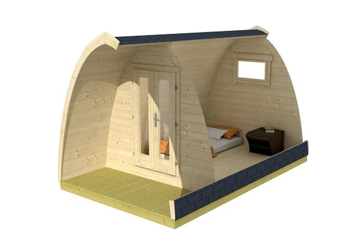 InMedias Camping Pod 400 cutaway view with visible mattress and nightstand, on a white background.