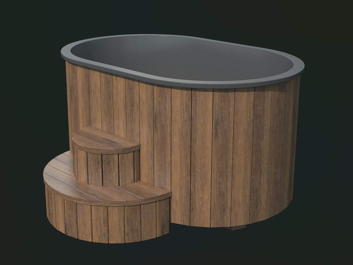 InMedias Ofuro Cold Tub with dark wood exterior and grey interior on a dark background.