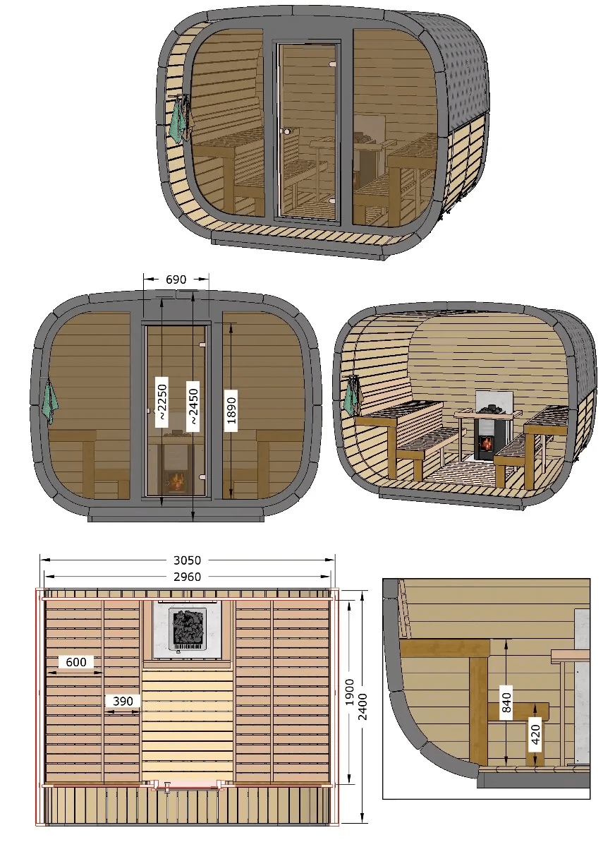 Technical diagram of the InMedias Cubus Premium Outdoor Sauna showing front, side, and cross-sectional views with labeled dimensions and seating layout , on a white background.