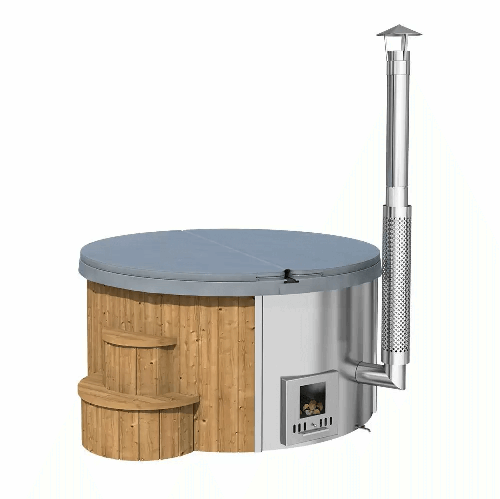 InMedias Delux 200 Hot Tub with grey insulated cover, wood cladding, and stainless steel stove, shown on a white background.