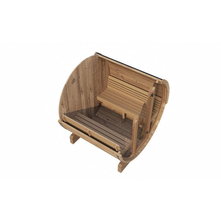 Cutaway view of InMedias Ergo 150 Sauna interior and seating on a white background.