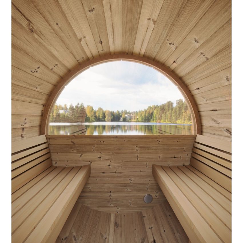 Interior bench view of the InMedias Ergo 150 Sauna overlooking a lake.