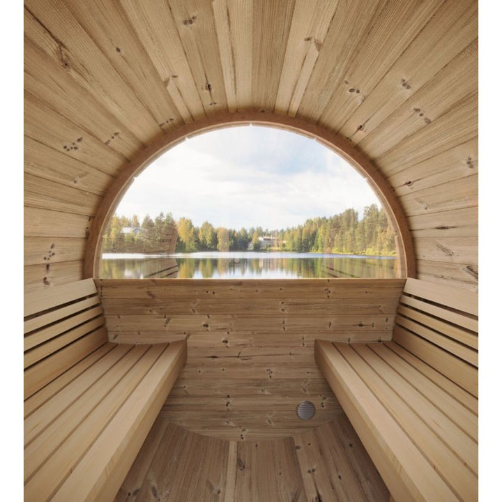 Interior bench view of the InMedias Ergo 150 Sauna overlooking a lake.