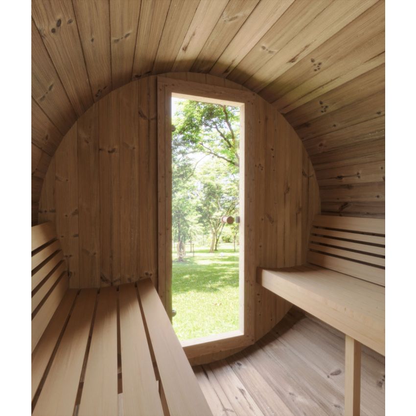 Interior view of the InMedias Ergo 150 Sauna with a tall window facing a garden.