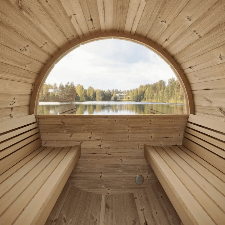 Interior panoramic lake-view bench of the InMedias Ergo 180 Sauna.