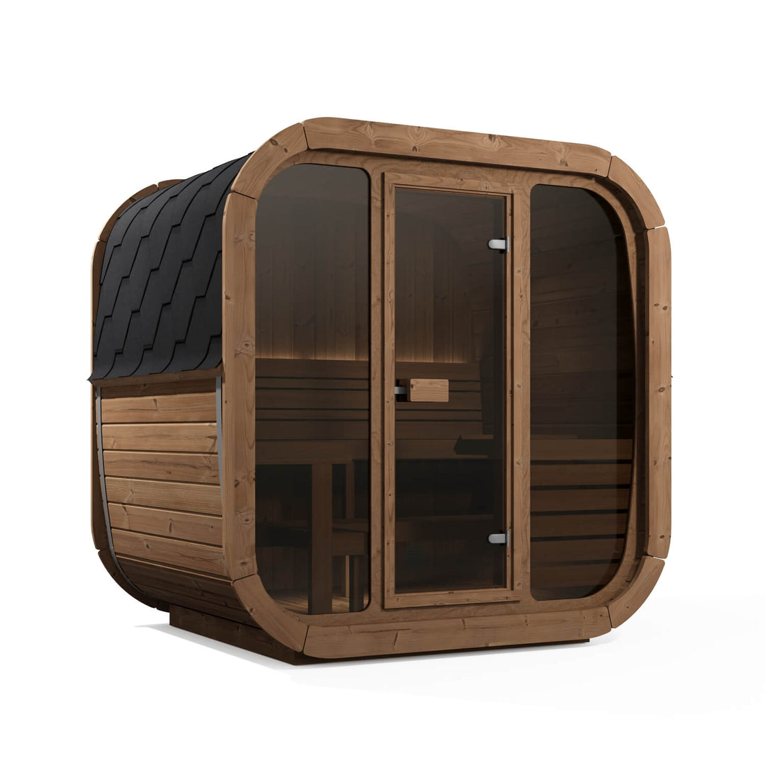 InMedias Icon 160 3-Person Outdoor Sauna angled exterior view with panoramic glass and black roof shingles on a white background.