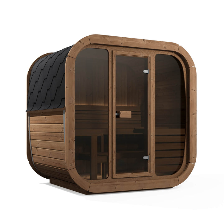 InMedias Icon 160 3-Person Outdoor Sauna angled exterior view with panoramic glass and black roof shingles on a white background.