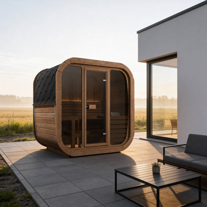 InMedias Icon 160 3-Person Outdoor Sauna front view with curved glass panels and timber frame on a white background.
