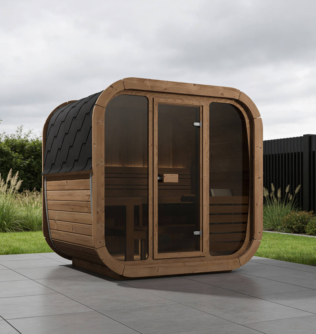 InMedias Icon 160 Outdoor Sauna three-quarter front view with panoramic glass and black shingle roof on a white background.