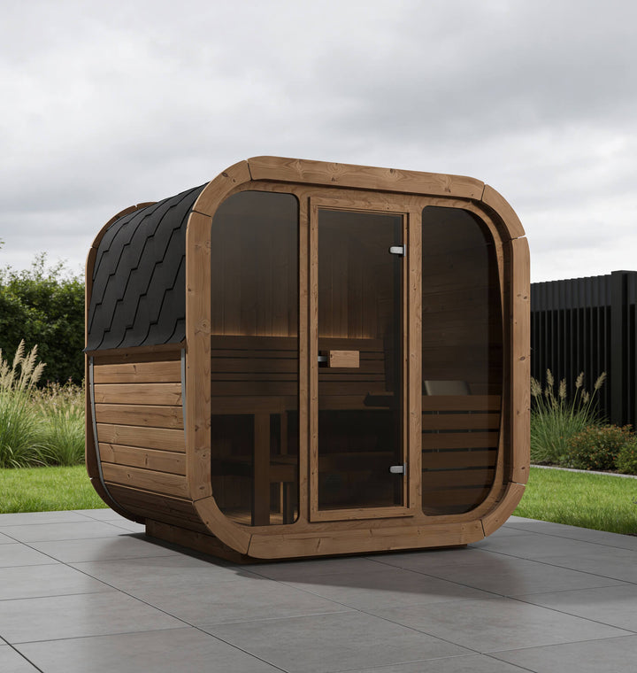 InMedias Icon 160 Outdoor Sauna three-quarter front view with panoramic glass and black shingle roof on a white background.