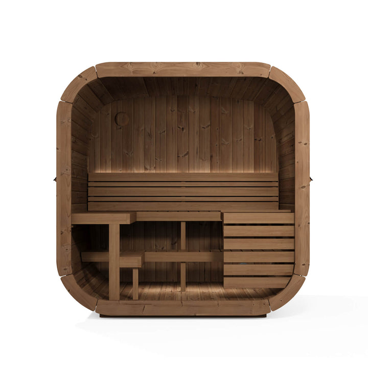 InMedias Icon 160 Outdoor Sauna angled front perspective with glass door and rounded frame on a white background.