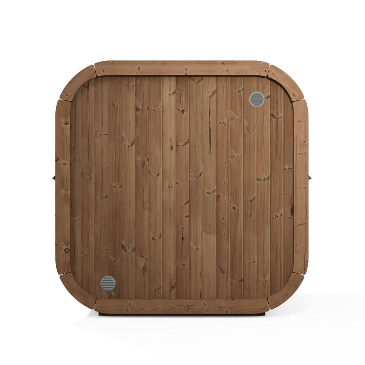 InMedias Icon 160 Outdoor Sauna back view with vertical timber cladding and ventilation covers on a white background.