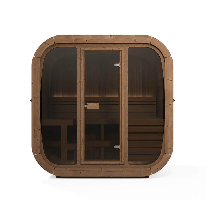InMedias Icon 160 Outdoor Sauna front view with full glass door and curved panoramic windows on a white background.