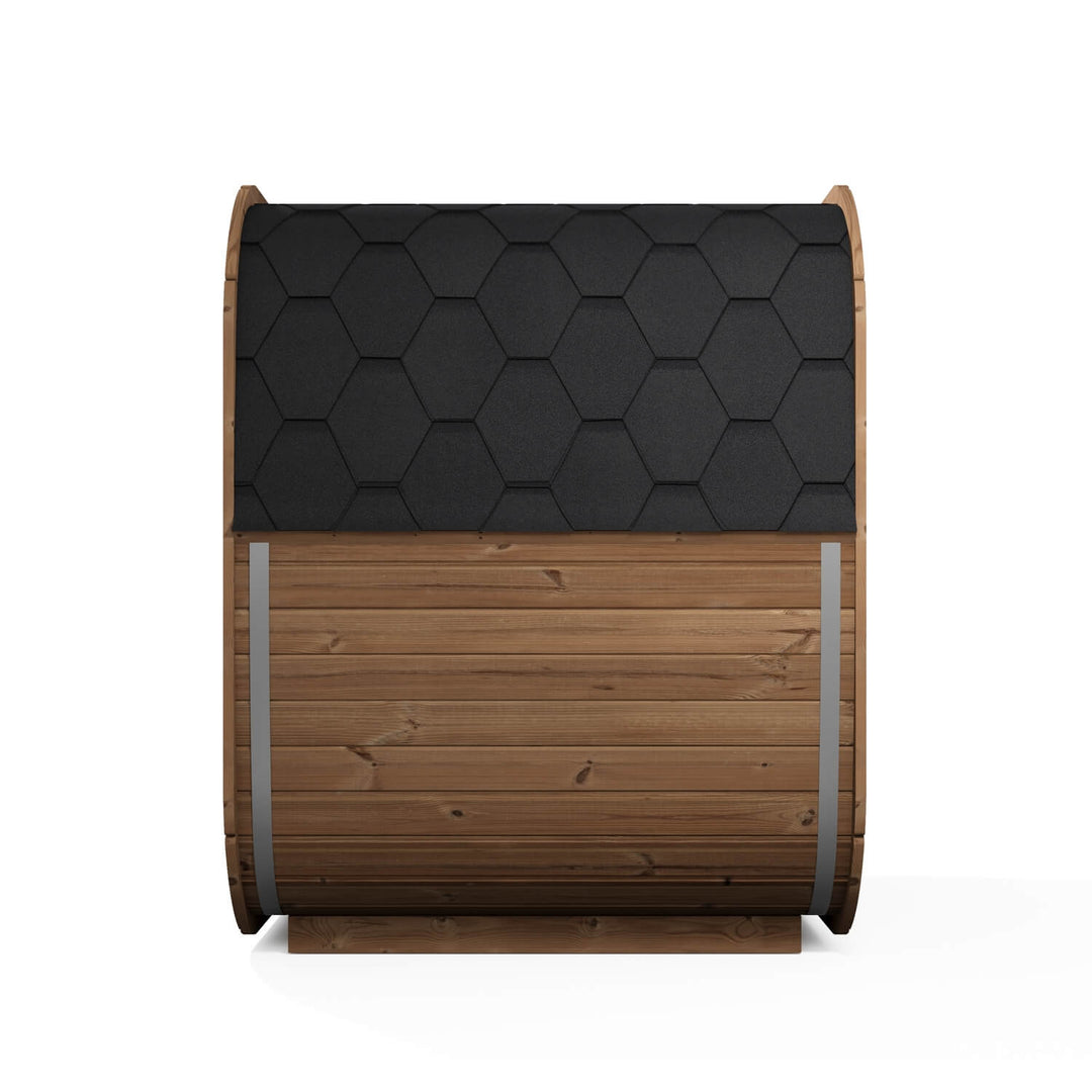 InMedias Icon 160 Outdoor Sauna side view with black hexagon shingle roof and horizontal wood panels on a white background.