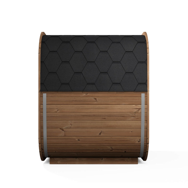 InMedias Icon 160 Outdoor Sauna side view with black hexagon shingle roof and horizontal wood panels on a white background.