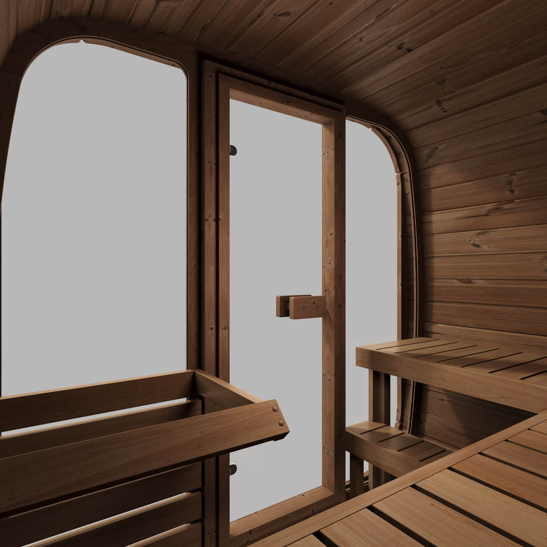 InMedias Icon 160 Outdoor Sauna interior view with wooden bench seating and integrated warm LED lighting on a white background.