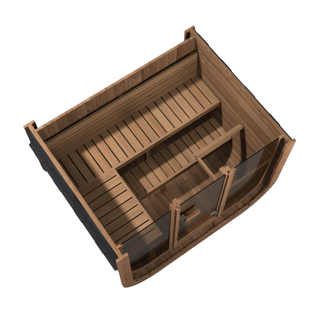 InMedias Icon 160 Outdoor Sauna top layout view showing tiered wooden benches and interior configuration on a white background.