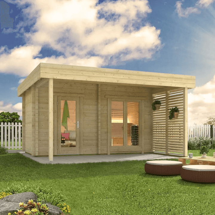 InMedias Magnus Log Sauna in natural wood finish placed in a garden setting.