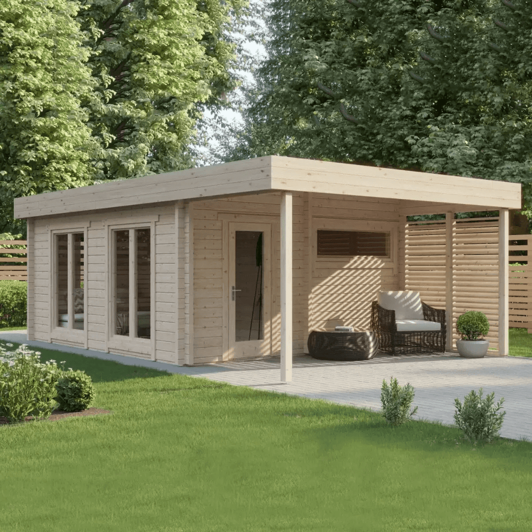 InMedias Mangus XL Log Sauna in natural wood finish placed in a garden setting.