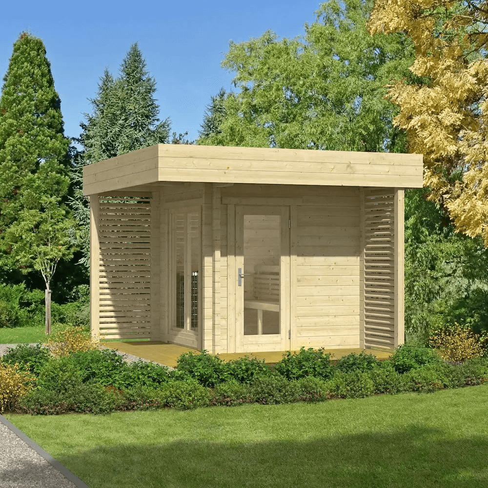 InMedias Mattias Log Sauna in natural wood finish on a garden background.