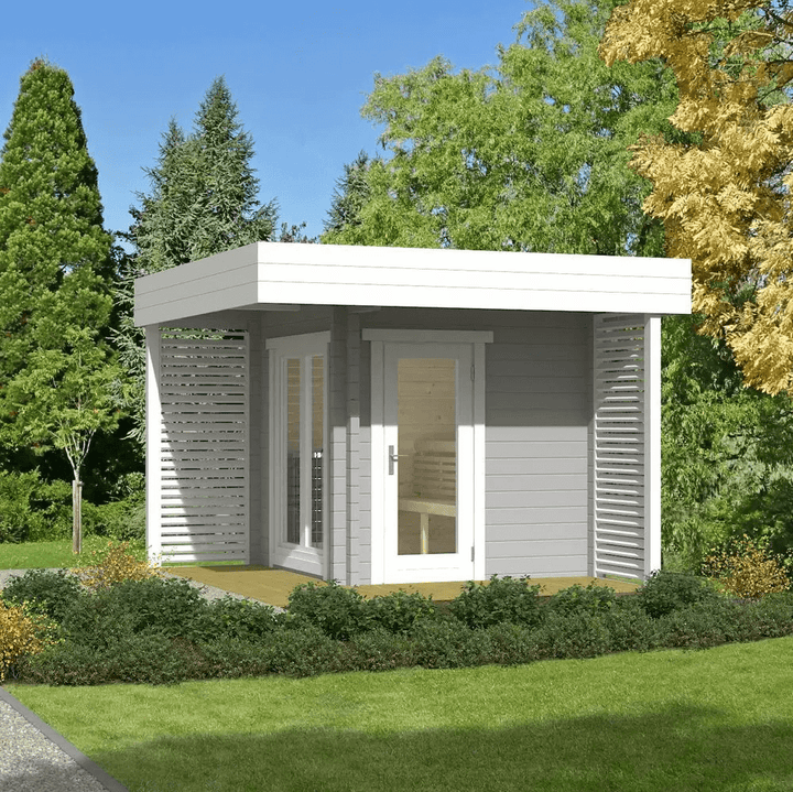 InMedias Mattias Log Sauna in white and grey finish on a garden background.
