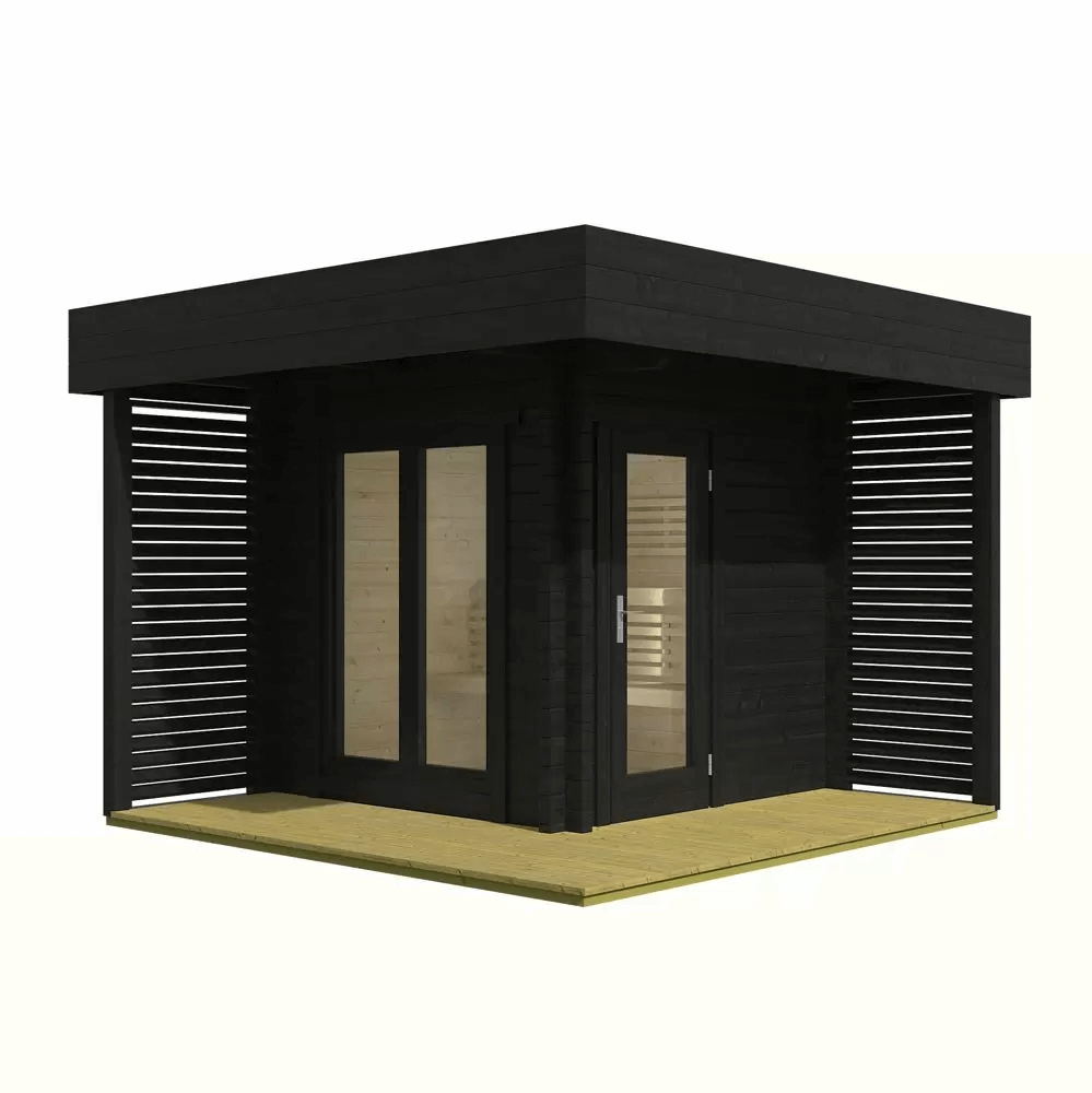InMedias Mattias Log Sauna in black finish on a white background.