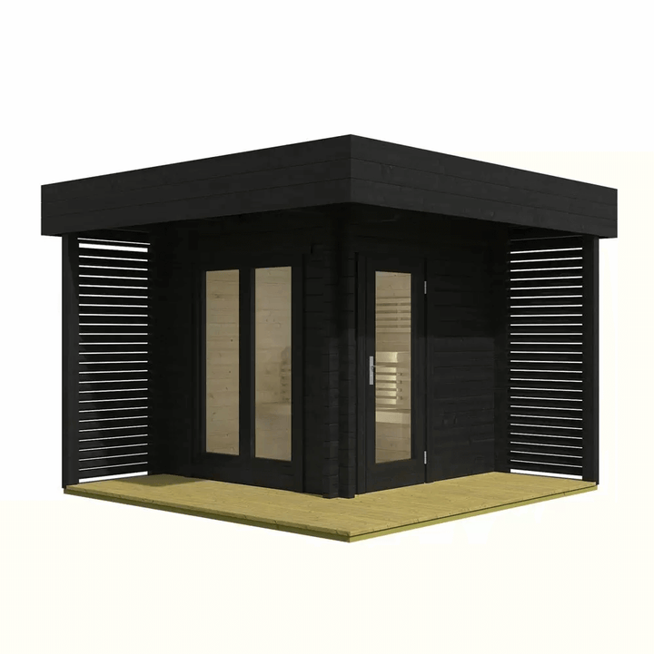 InMedias Mattias Log Sauna in black finish on a white background.
