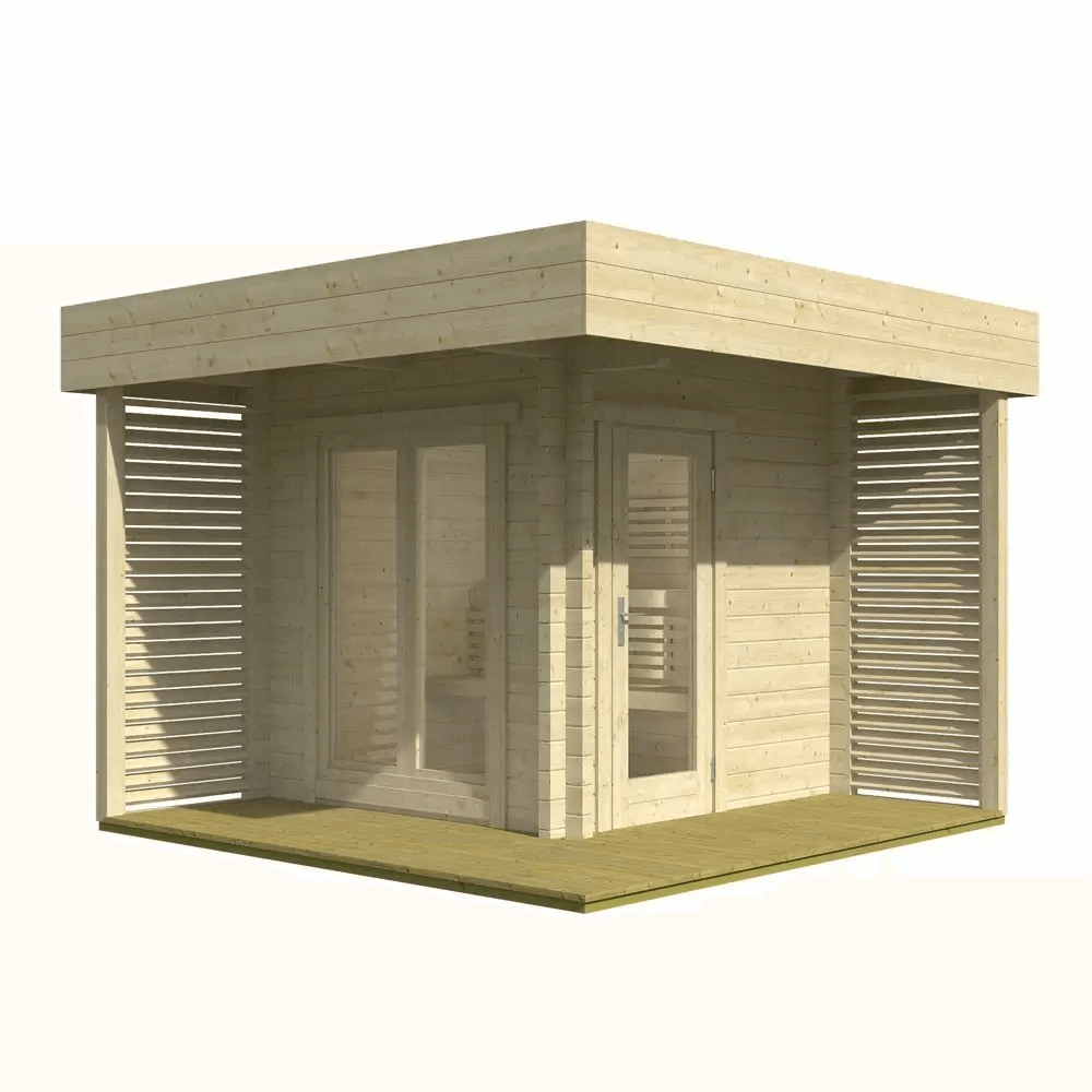 InMedias Mattias Log Sauna in natural wood finish on a white background.