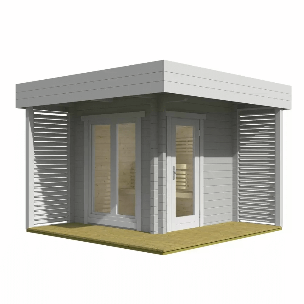InMedias Mattias Log Sauna in grey finish on a white background.