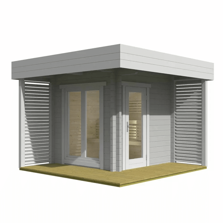 InMedias Mattias Log Sauna in grey finish on a white background.
