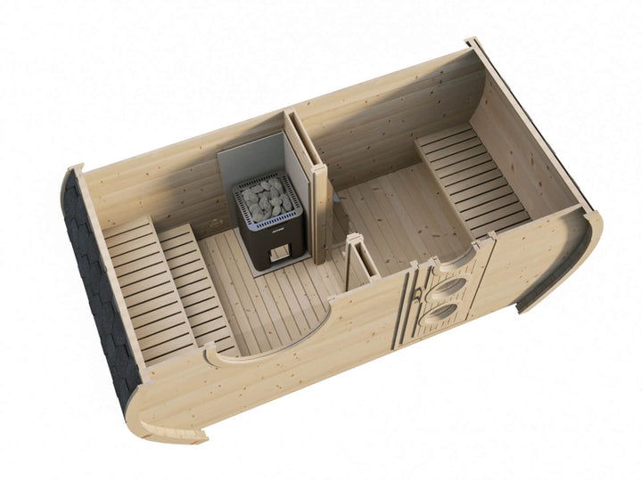 Cutaway render of the InMedias Oval Sauna Frodo 195 with light wood interior and stove, viewed from the top-right angle,  on a white background.