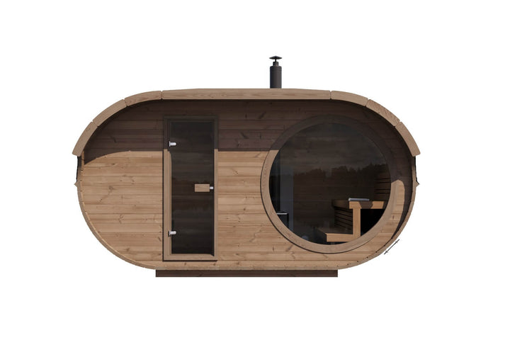 InMedias Raiki Oval Sauna front view with large round window on a white background.