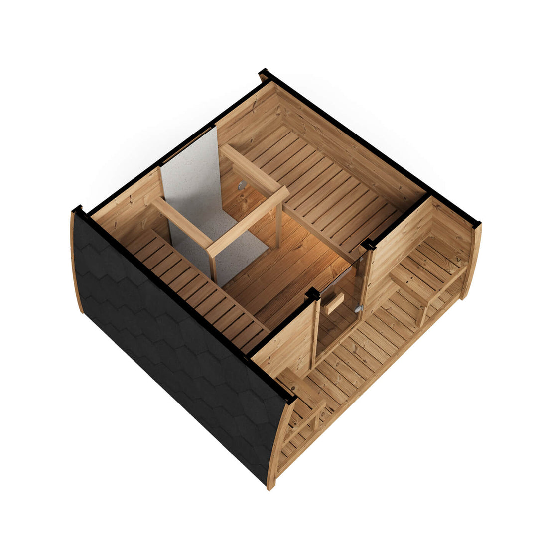 InMedias Pod 220 4-Person Outdoor Sauna top layout view showing interior bench configuration and entrance area on a white background.