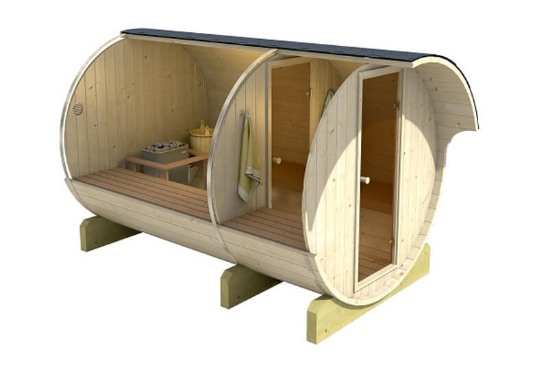 Cutaway view of InMedias Barrel Sauna 330 showing internal compartments with heater, two internal rooms and benches — on a white background.