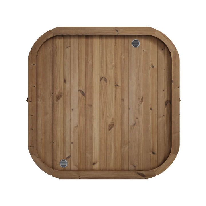 Top view of InMedias Sauna Icon 220XL wooden roof with ventilation holes , on a white background.

