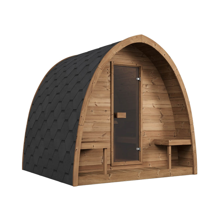 InMedias Sauna Pod 220 Outdoor Sauna angled front perspective with black shingle roof and glass door on a white background.