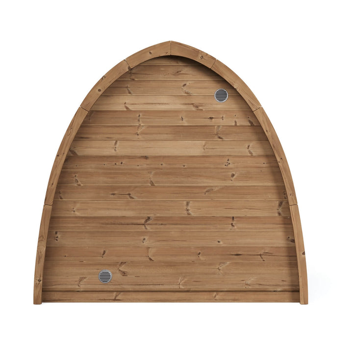 InMedias Sauna Pod 220 Outdoor Sauna back view with horizontal timber cladding and ventilation covers on a white background.